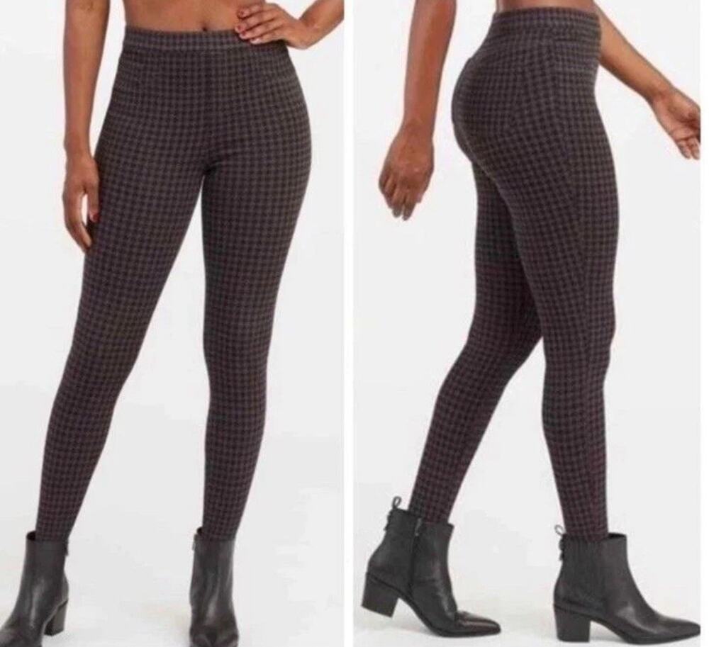 Spanx Pants Womens Medium Gray & Black Houndstooth Jean-Ish Pull On Leggings